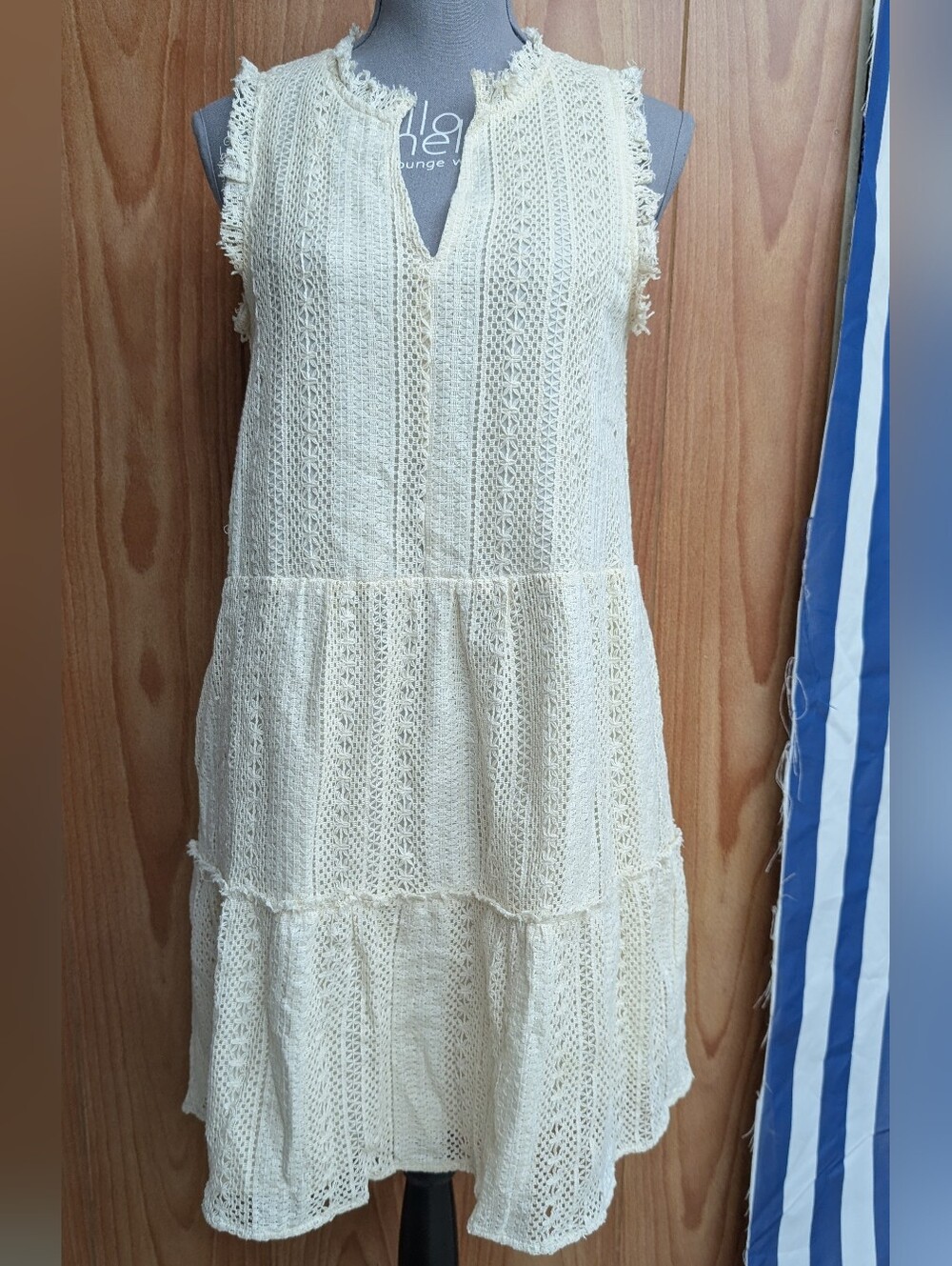 Grade & Gather Cream Eyelet Lace Tiered Babydoll Dress Fringed Mini Small